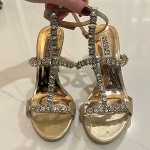 Badgley Mischka Gold Leather and Rhinestone Heels 7 New